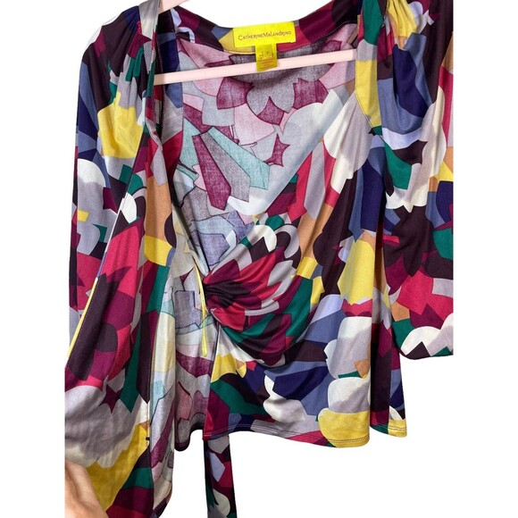 CATHERINE MALANDRINO‎ 100% SILK ABSTRACT PRINT BELL SLEEVE WRAP FRONT BLOUSE P - Picture 4 of 10